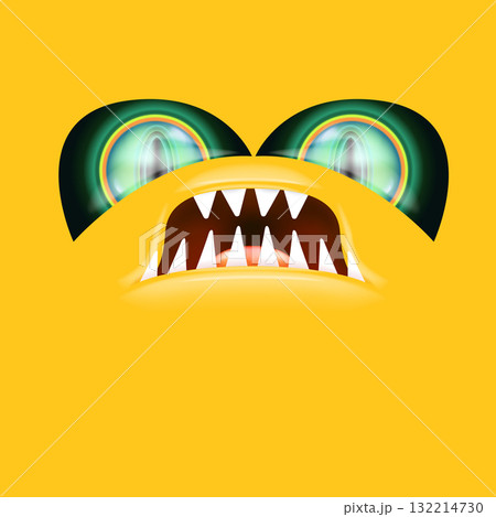 Orange monster face with gleaming green eyes and huge fangs emerges. Happy Halloween backdrop for your spooky holiday card designs with orange monster face Orange monster face with gleaming green eyes and huge fangs emerges. Happy Halloween backdrop for your spooky holiday card designs with orange monster face 132214730