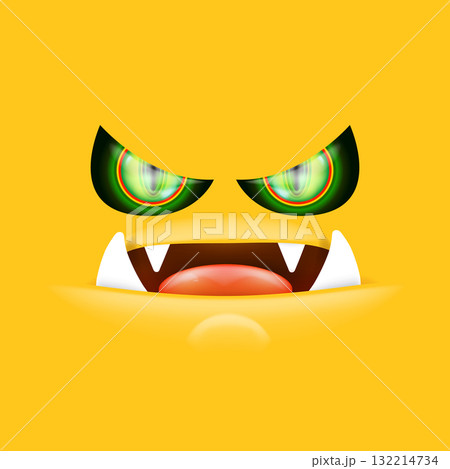 Orange monster face with gleaming green eyes and huge fangs emerges. Happy Halloween backdrop for your spooky holiday card designs with orange monster face Orange monster face with gleaming green eyes and huge fangs emerges. Happy Halloween backdrop for your spooky holiday card designs with orange monster face 132214734