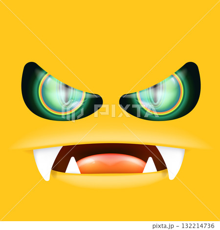 Orange monster face with gleaming green eyes and huge fangs emerges. Happy Halloween backdrop for your spooky holiday card designs with orange monster face Orange monster face with gleaming green eyes and huge fangs emerges. Happy Halloween backdrop for your spooky holiday card designs with orange monster face 132214736