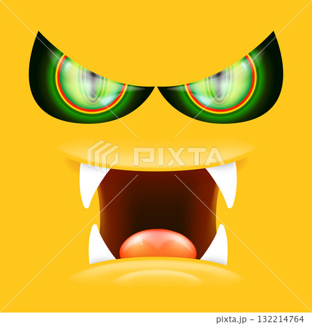Orange monster face with gleaming green eyes and huge fangs emerges. Happy Halloween backdrop for your spooky holiday card designs with orange monster face Orange monster face with gleaming green eyes and huge fangs emerges. Happy Halloween backdrop for your spooky holiday card designs with orange monster face 132214764