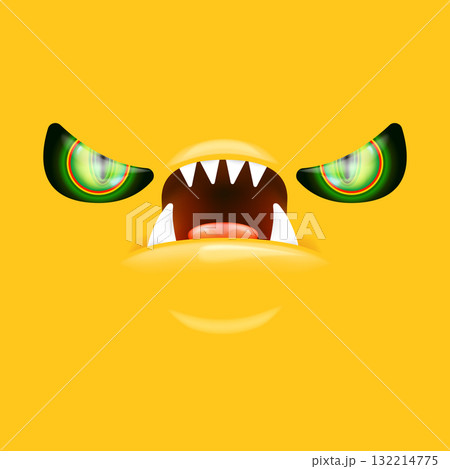 Orange monster face with gleaming green eyes and huge fangs emerges. Happy Halloween backdrop for your spooky holiday card designs with orange monster face 132214775