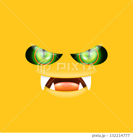 Orange monster face with gleaming green eyes and huge fangs emerges. Happy Halloween backdrop for your spooky holiday card designs with orange monster face Orange monster face with gleaming green eyes and huge fangs emerges. Happy Halloween backdrop for your spooky holiday card designs with orange monster face 132214777