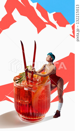 Creative digital poster. Woman skier in red swimsuit posing beside glass of orange cocktail with mountains Creative digital poster. Woman skier in red swimsuit posing beside glass of orange cocktail with mountains 132215013