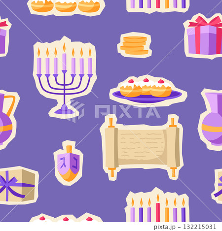 Happy Hanukkah pattern with stickers. Background with holiday objects. Happy Hanukkah pattern with stickers. Background with holiday objects. 132215031