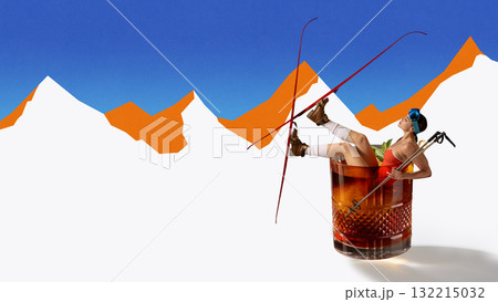 Creative collage. Woman relaxing in glass of cocktail against bright mountain panorama 132215032