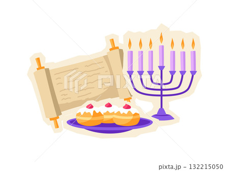 Happy Hanukkah sticker with traditional symbols. Holiday image in cartoon style. 132215050