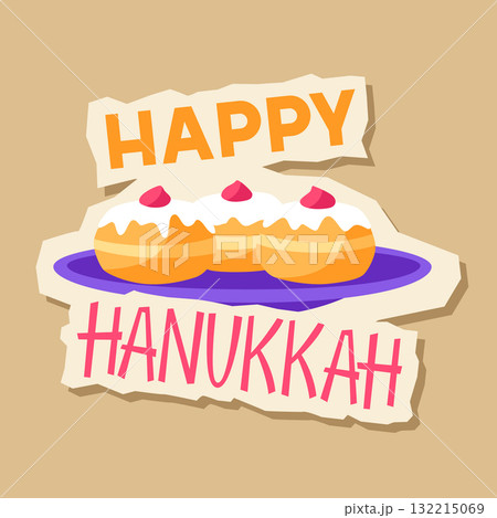 Happy Hanukkah sticker with donut. Holiday image in cartoon style. Happy Hanukkah sticker with donut. Holiday image in cartoon style. 132215069