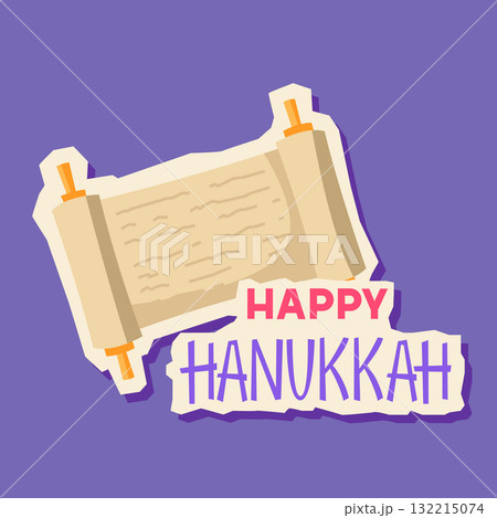 Happy Hanukkah sticker with Torah scroll. Holiday image in cartoon style. Happy Hanukkah sticker with Torah scroll. Holiday image in cartoon style. 132215074