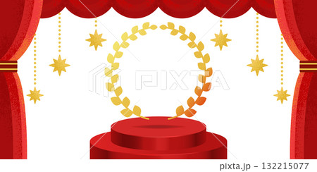 金の月桂冠と赤いカーテンの舞台背景イラスト（授賞式・表彰式・セレモニー・イベント用デザイン） 132215077