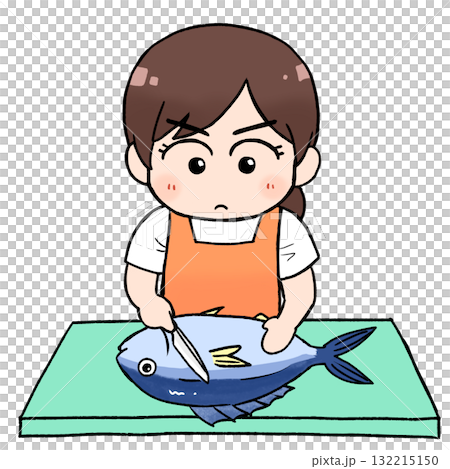 Woman concentrating on cutting fish Woman concentrating on cutting fish 132215150