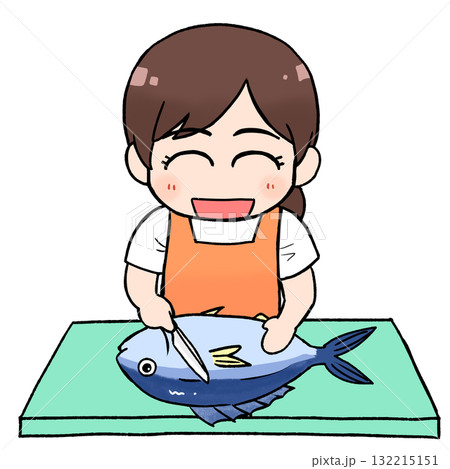 魚をさばく女性 笑顔 魚をさばく女性 笑顔 132215151