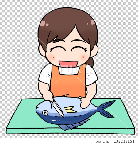 魚をさばく女性 笑顔 魚をさばく女性 笑顔 132215151