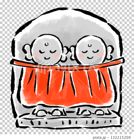 Twin boat-shaped Jizo statues wearing aprons Twin boat-shaped Jizo statues wearing aprons 132215209
