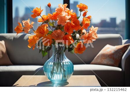 vase with flowers on table in modern interior of living room in apartment, furniture, sofa and pillows, beautiful view outside the window of modern metropolis with skyscrapers vase with flowers on table in modern interior of living room in apartment, furniture, sofa and pillows, beautiful view outside the window of modern metropolis with skyscrapers 132215462