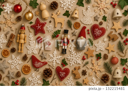 Vintage Christmas Ornaments and Decorations Flat Lay. 132215481