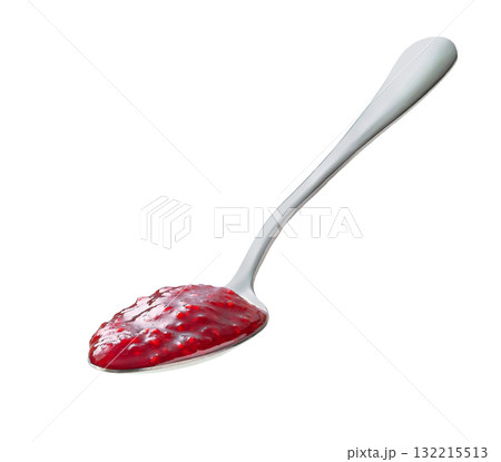 metal spoon with sweet raspberry jam isolated on a white background metal spoon with sweet raspberry jam isolated on a white background 132215513
