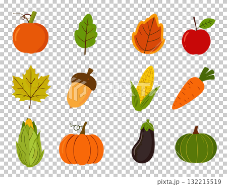 Icon set of various vegetables and autumn leaves 132215519