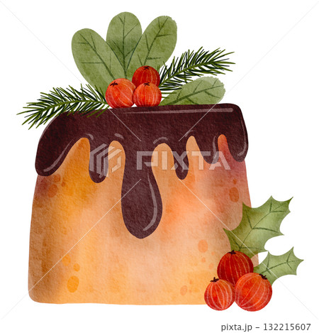 Christmas Fruit Chocolate Cake. Christmas cake decorated with chocolate icing, holly, and red berries. Winter holiday fruitcake, fruit dessert. Watercolor illustration. Christmas Fruit Chocolate Cake. Christmas cake decorated with chocolate icing, holly, and red berries. Winter holiday fruitcake, fruit dessert. Watercolor illustration. 132215607