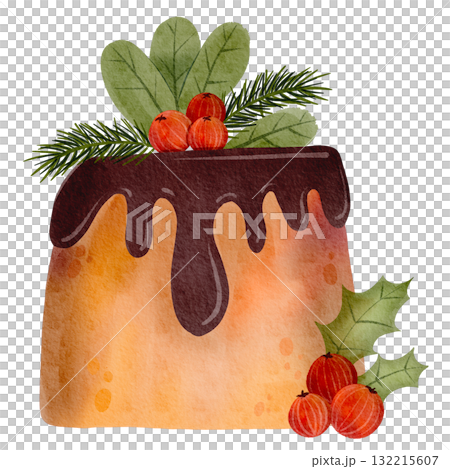 Christmas Fruit Chocolate Cake. Christmas cake decorated with chocolate icing, holly, and red berries. Winter holiday fruitcake, fruit dessert. Watercolor illustration. Christmas Fruit Chocolate Cake. Christmas cake decorated with chocolate icing, holly, and red berries. Winter holiday fruitcake, fruit dessert. Watercolor illustration. 132215607