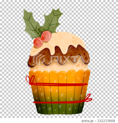 Christmas chocolate cupcake. Christmas cake decorated with icing, holly, and red berries. Winter holiday fruitcake, fruit dessert. Watercolor illustration. Christmas chocolate cupcake. Christmas cake decorated with icing, holly, and red berries. Winter holiday fruitcake, fruit dessert. Watercolor illustration. 132215608