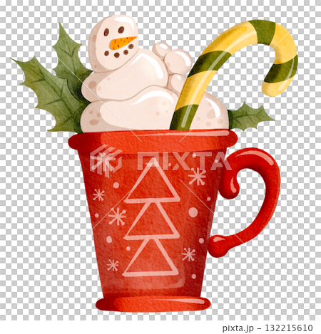 Cup of hot chocolate with marshmallows. Mug with hot beverage and decoration for wintertime season holidays. Autumn and winter hot drink. Watercolor illustration 132215610