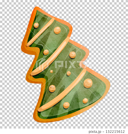 Christmas tree-shaped cookies isolated on a background. Watercolor illustration. New Year's sweet dessert with icing. Homemade Christmas sweets. Traditional holiday treats or gingerbread. 132215612