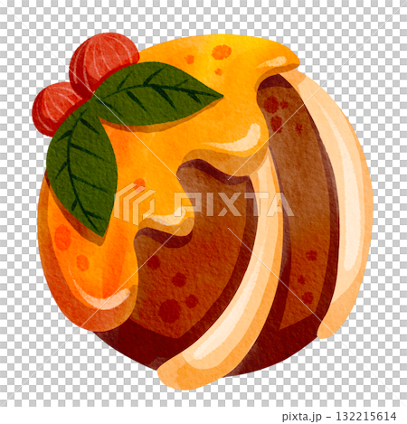 Festive chocolate dessert. Christmas cookies decorated with icing, holly, and red berries. Winter holiday fruitcake. Watercolor illustration. Festive chocolate dessert. Christmas cookies decorated with icing, holly, and red berries. Winter holiday fruitcake. Watercolor illustration. 132215614