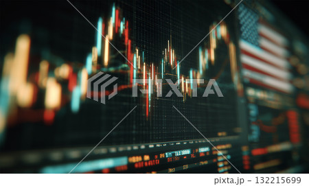 米国旗を背にした金融ローソク足チャート表示 132215699