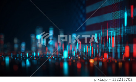 米国旗と相場チャートが重なる都市夜景構図 132215702