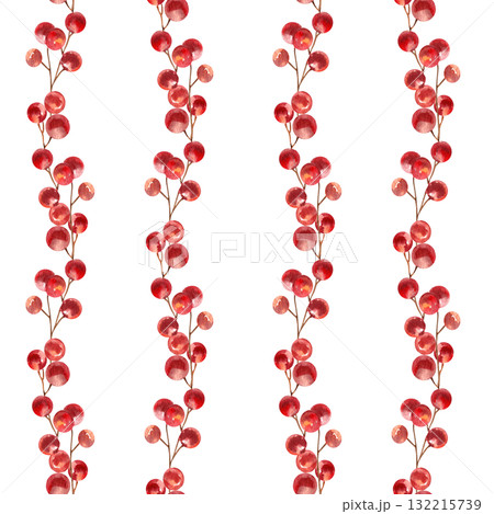 Christmas festive seamless pattern with red berries stem watercolor illustration. Hand drawn New Year festive background with floral elements for gift wrapping, seasonal textile design 132215739