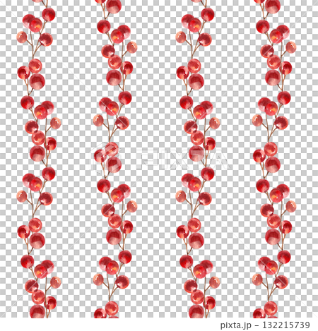 Christmas festive seamless pattern with red berries stem watercolor illustration. Hand drawn New Year festive background with floral elements for gift wrapping, seasonal textile design 132215739
