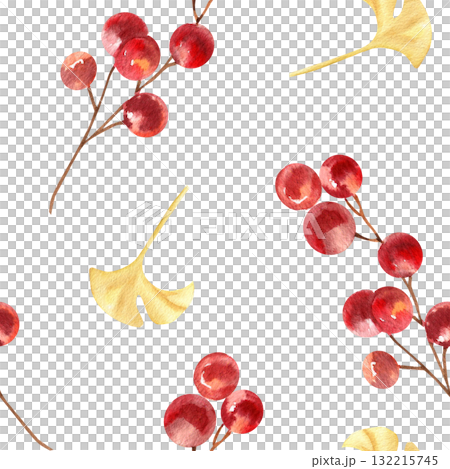 Red berries and golden gingko leaves watercolor seamless pattern. Hand drawn New year and Christmas festive background with floral elements, Chinese lunar calendar clipart for packing design 132215745