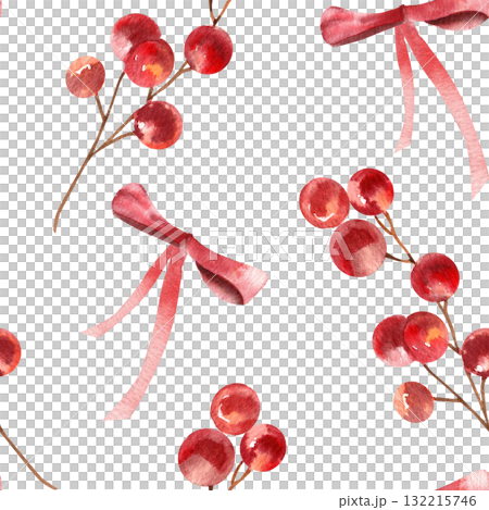Christmas and New year watercolor seamless pattern with red berries stem and festive bow watercolor illustration. Hand drawn festive winter season background with floral elements for wrapping Christmas and New year watercolor seamless pattern with red berries stem and festive bow watercolor illustration. Hand drawn festive winter season background with floral elements for wrapping 132215746