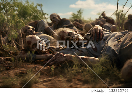 Group of zombies sleeping in open summer meadow at day time, neural network generated photorealistic image 132215793