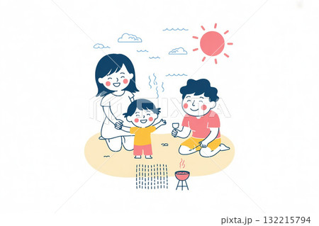 海の日に海辺で遊ぶ家族　ピクニック 132215794