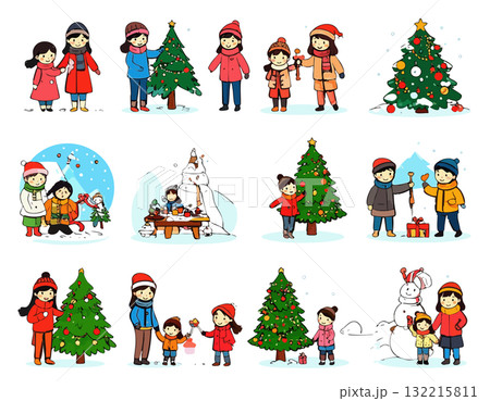 クリスマスのコスチュームを着た子どもたちのイラストセット 132215811