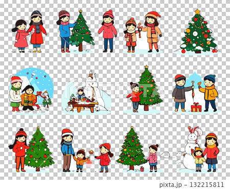 一組穿著聖誕服裝的兒童插圖 一組穿著聖誕服裝的兒童插圖 132215811