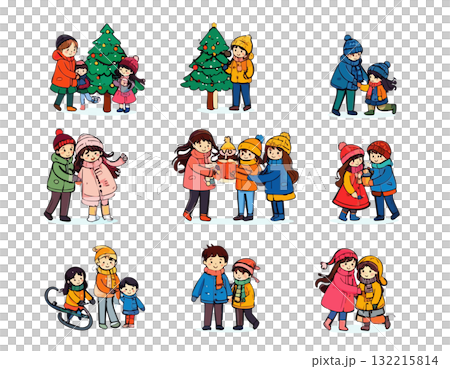 Family illustration enjoying winter and Christmas 132215814