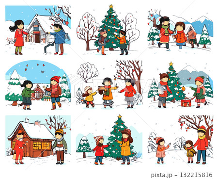 冬やクリスマスの家族団らんイラスト 132215816