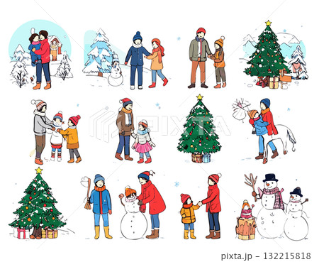クリスマスや冬を楽しむ家族イラスト 132215818