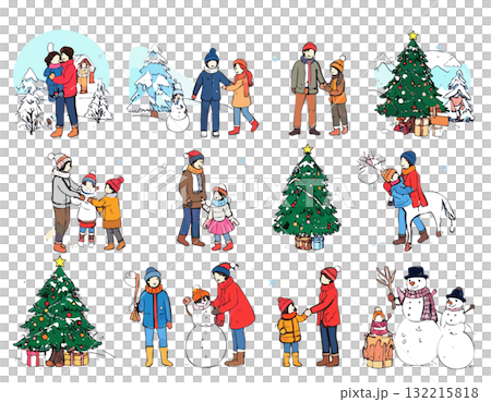 享受聖誕節和冬天的家庭插畫 132215818