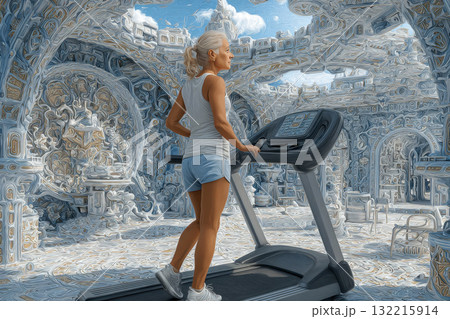 Elderly woman exercising on treadmill in surreal artistic room 132215914