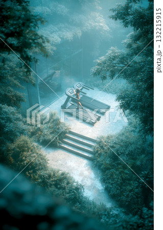 Woman running treadmill outdoor forest gym with misty atmosphere Woman running treadmill outdoor forest gym with misty atmosphere 132215915