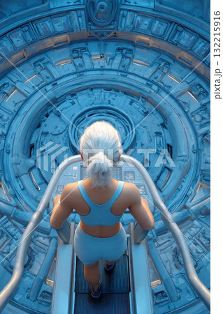 Woman exercising on futuristic treadmill with blue lighting 132215916