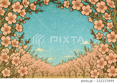 フレーム素材　梅林　梅の花　満開　版画調 132215944