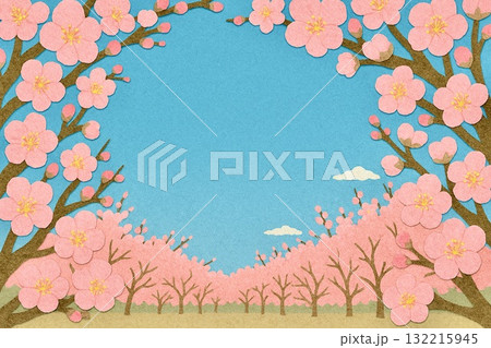 フレーム素材　梅林　梅の花　満開　貼り絵風 132215945