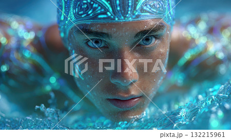 Blue eyes swimmer underwater with water droplets on face Blue eyes swimmer underwater with water droplets on face 132215961