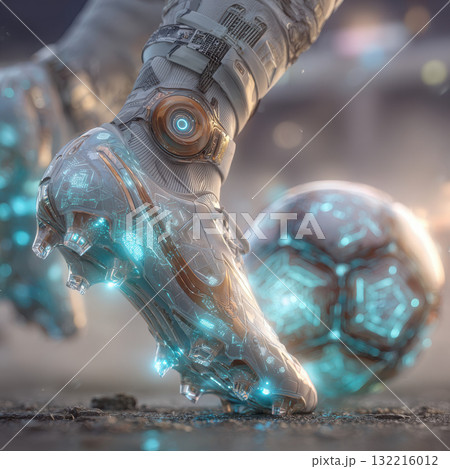 Futuristic soccer cleat with glowing blue lights and digital design 132216012