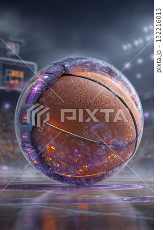 Futuristic basketball with glowing effects on court in stadium Futuristic basketball with glowing effects on court in stadium 132216013