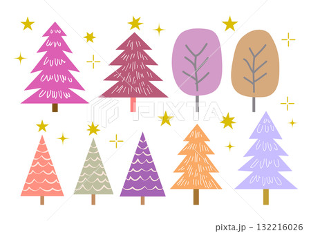 シンプルでかわいい手描き風の木のイラストセット シンプルでかわいい手描き風の木のイラストセット 132216026